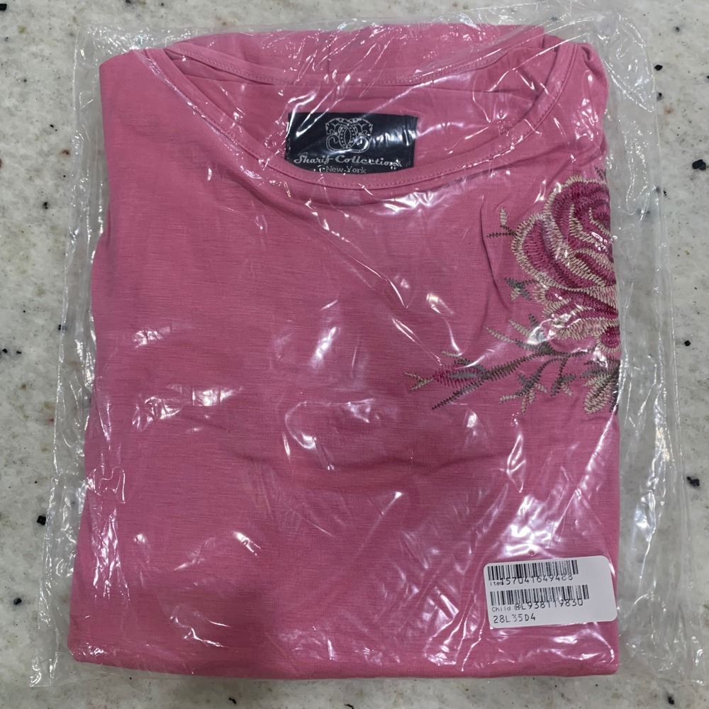 NWT Sharif Collection New York Pink‎ Embroidered Floral Top XL Rose Detail Tee